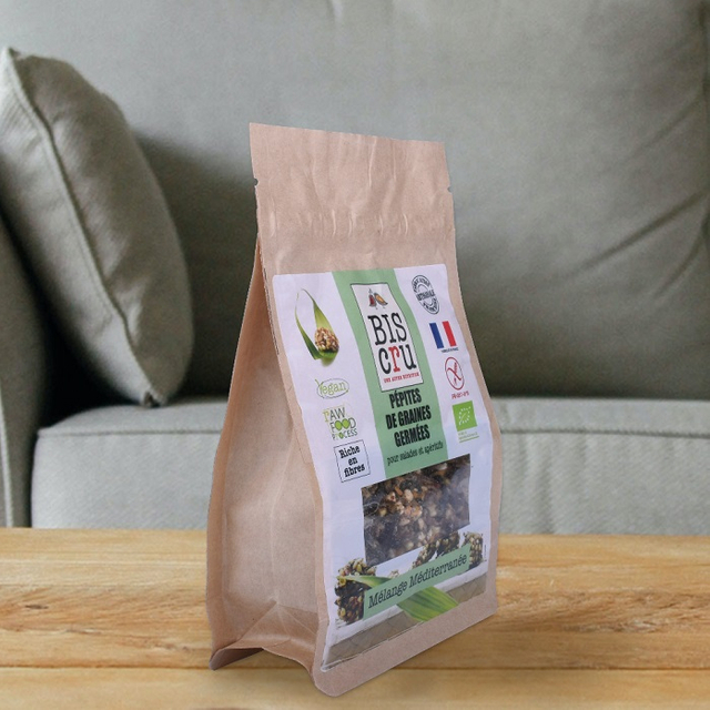 Sacs kraft compostables ziplock certifiés FDA pour granola sans gluten