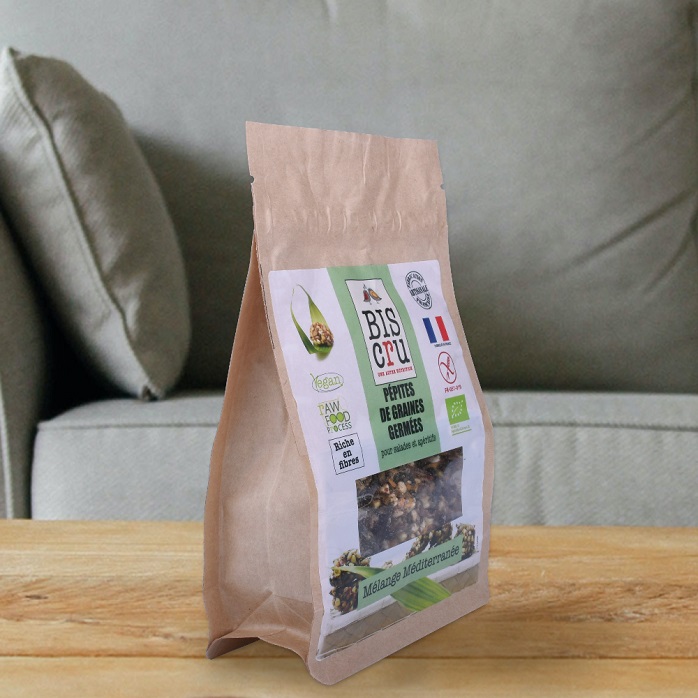 Idée d'emballage innovante, sacs de barres granola en papier brun à fond plat biodégradables, vente en gros
