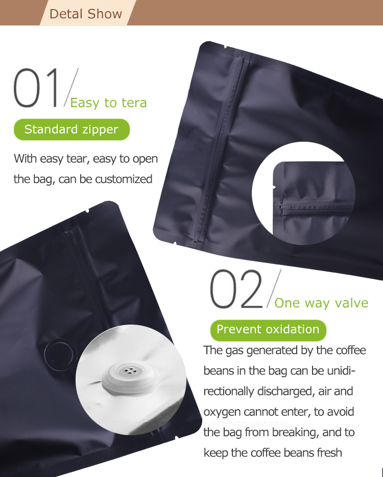 100pcs 250g Matte Black Stand Up Coffee Bag avec valve de d&eacute;gazage &agrave; sens unique