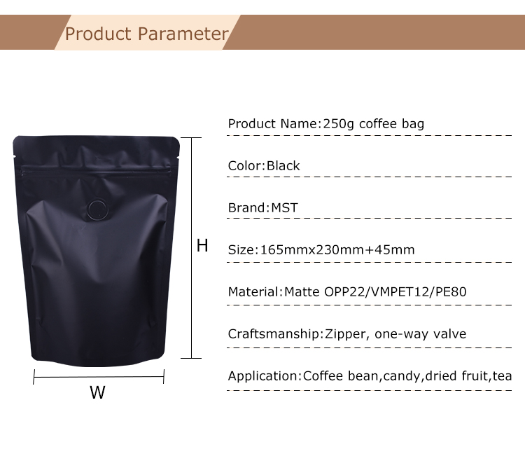 100pcs 250g Matte Black Stand Up Coffee Bag avec valve de d&eacute;gazage &agrave; sens unique