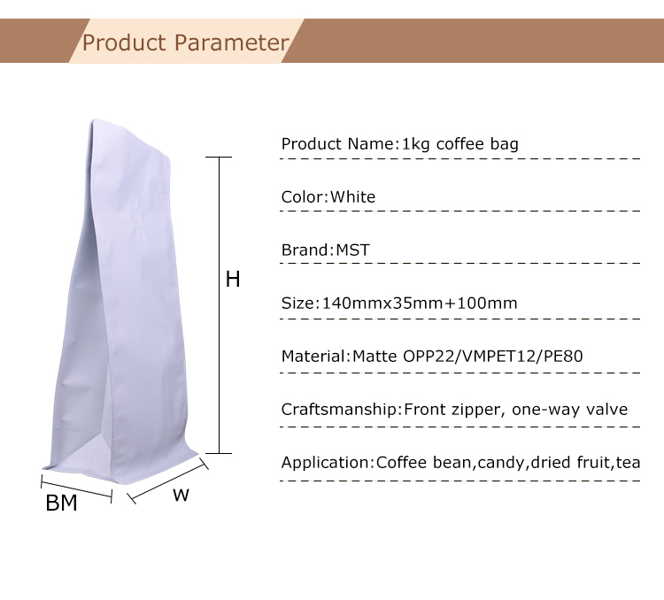 100PCS 1kg sacs de caf&eacute; &agrave; fond plat blanc avec fermeture &agrave; glissi&egrave;re avant