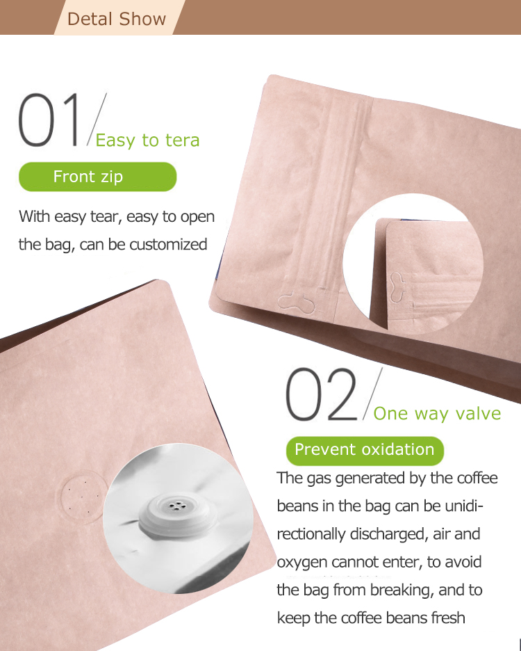 100PCS 1kg Sac de caf&eacute; &agrave; fond de bo&icirc;te en papier kraft avec valve