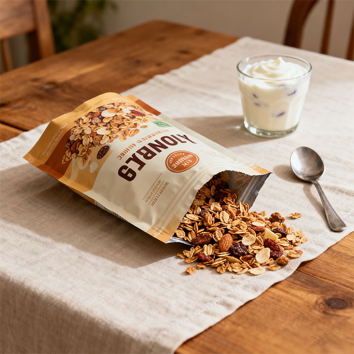 Sac compostable refermable orange granola au miel de 12 oz