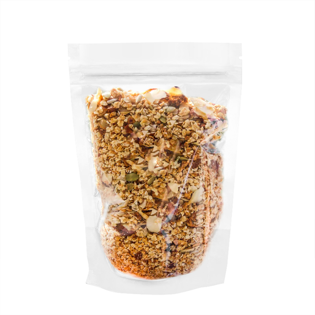 Sac à fermeture éclair compostable pour granola transparent debout