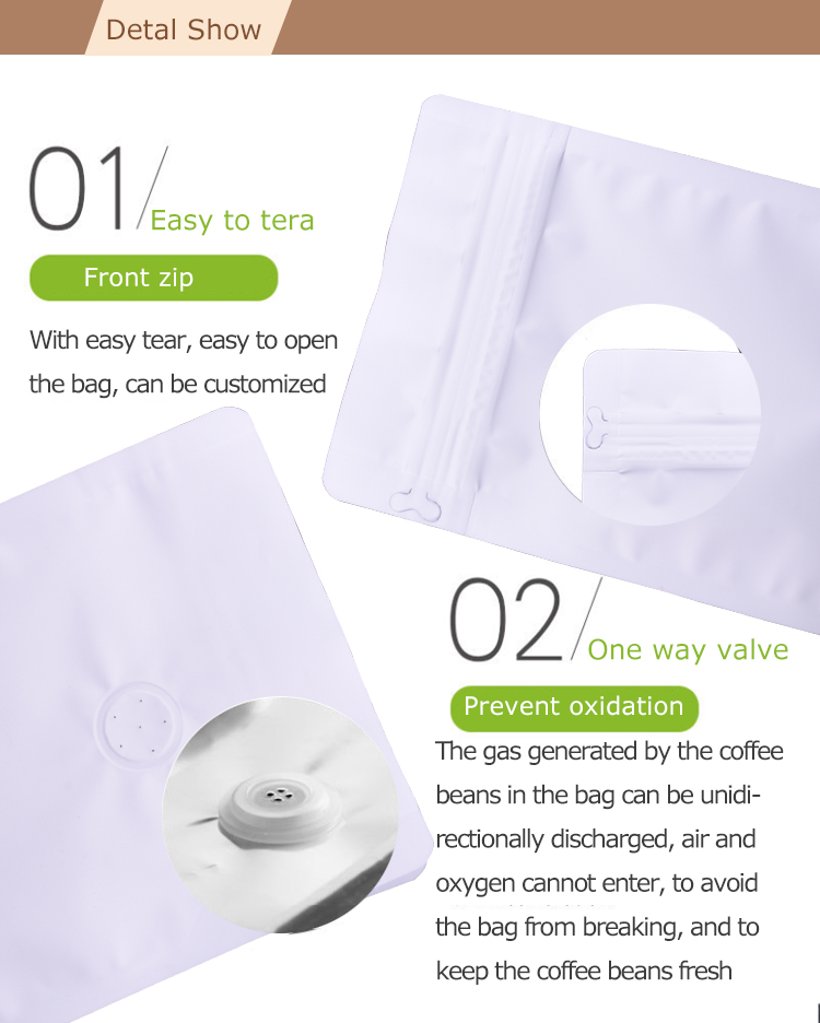 100PCS 1kg sacs de caf&eacute; &agrave; fond plat blanc avec fermeture &agrave; glissi&egrave;re avant