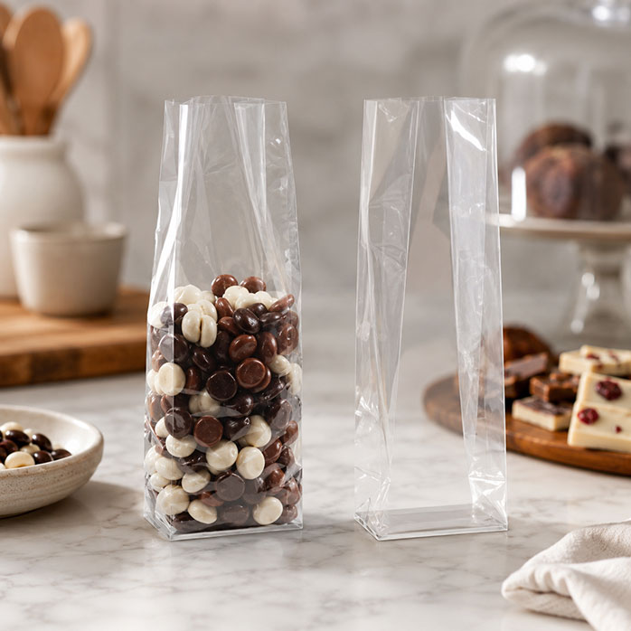Sacs à soufflet à fond plat transparent compostables à la maison avec insert en papier