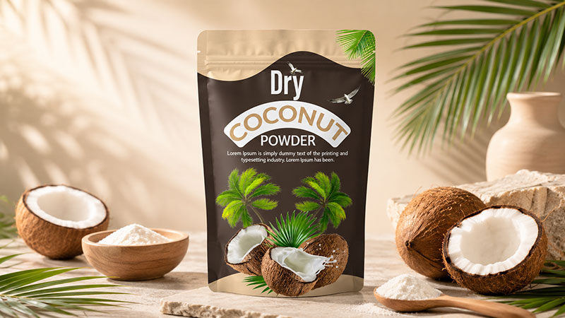 sachets refermables imprim&eacute;s sur mesure pour poudre de noix de coco biologique