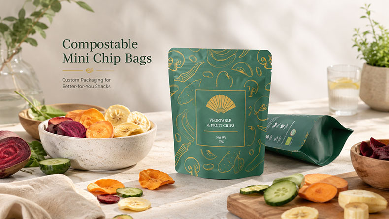 Mini sacs &agrave; chips compostables personnalis&eacute;s pour les marques de snacks biologiques