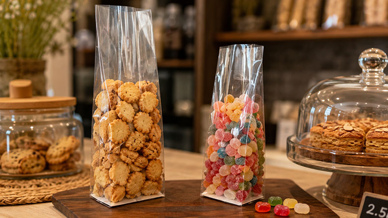 sacs en cellophane &agrave; soufflet &agrave; fond plat transparent avec insert en papier